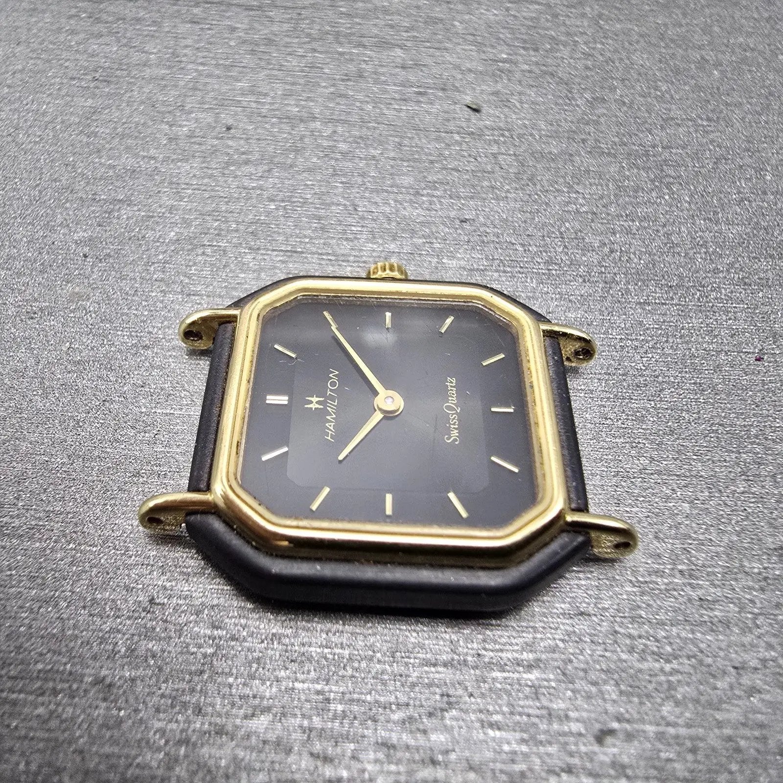 Hamilton Watch Women 22mm Black Dial Black Gold Tone Octagon VTG PARTS4