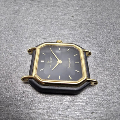 Hamilton Watch Women 22mm Black Dial Black Gold Tone Octagon VTG PARTS4