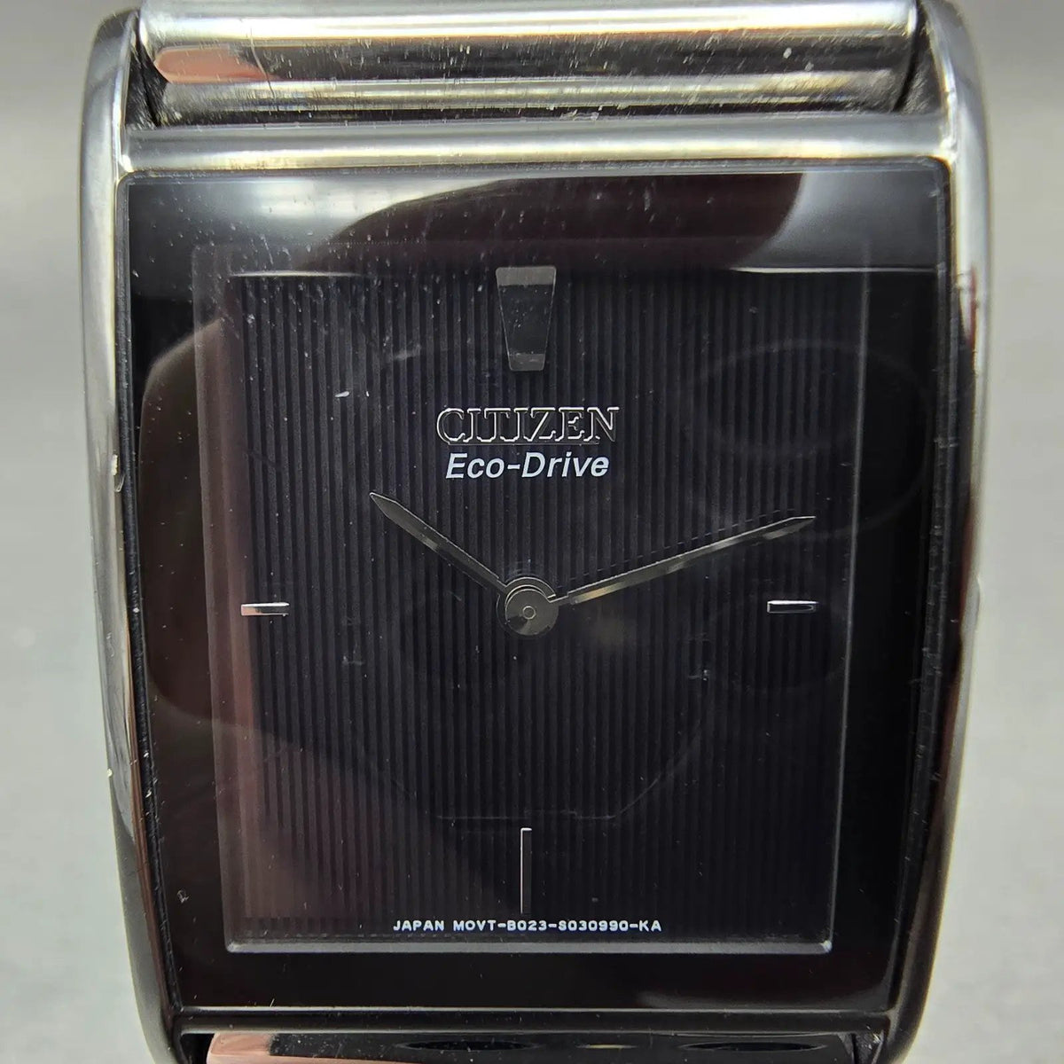 Citizen Eco-Drive Tank Watch Men 26mm Black Dial Black Tone Leather Band Runs1