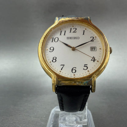 Seiko Watch Men 33mm White Dial Gold Tone Date Round V732-0220 New Battery5