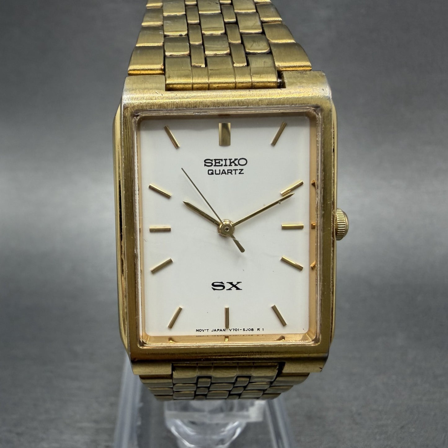 Seiko SX Tank Watch Men 24mm White Dial Gold Tone Rectangle V701-5K40 NewBattery0