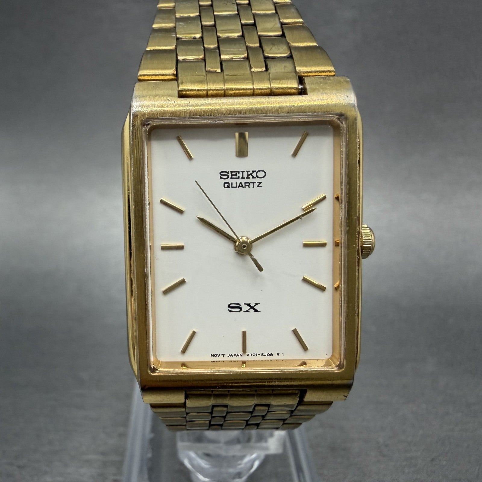 Seiko SX Tank Watch Men 24mm White Dial Gold Tone Rectangle V701-5K40 NewBattery0
