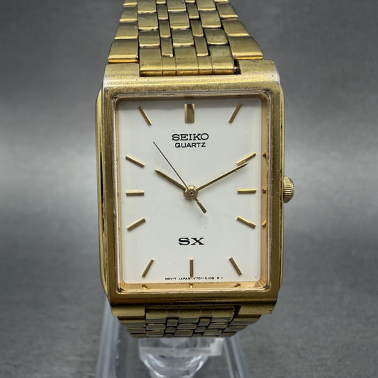 Seiko SX Tank Watch Men 24mm White Dial Gold Tone Rectangle V701-5K40 NewBattery0