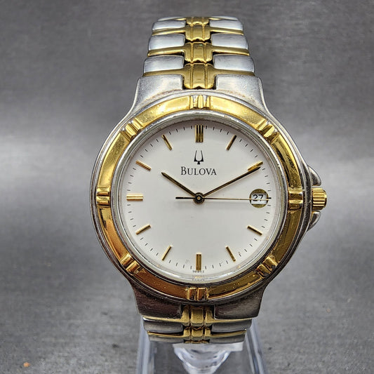 Bulova Watch Men 34mm White Dial Two Tone Date Round 98B52 New Battery0