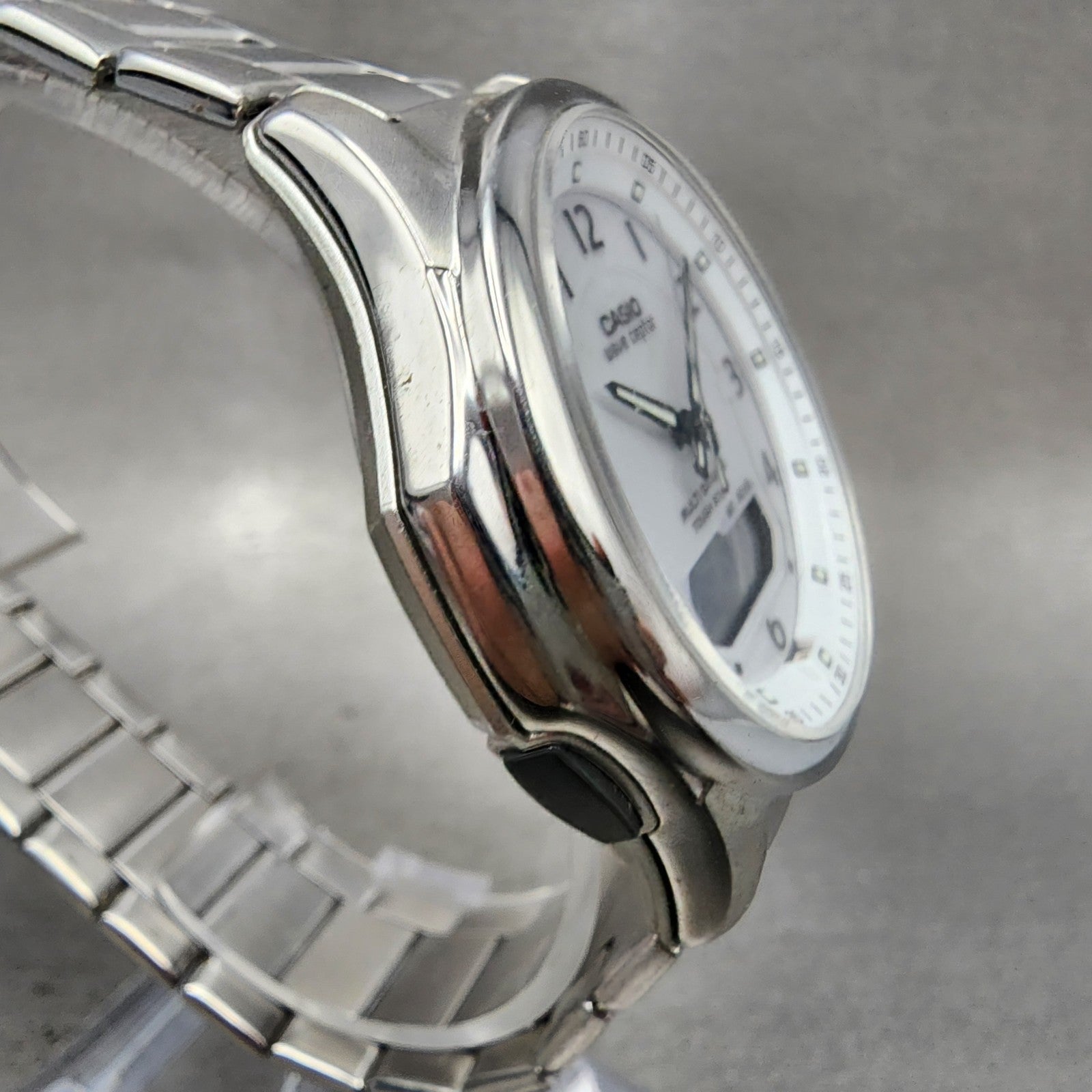 Casio Wave Ceptor Watch Men 42mm White Dial Steel Solar Analog Digital Works3
