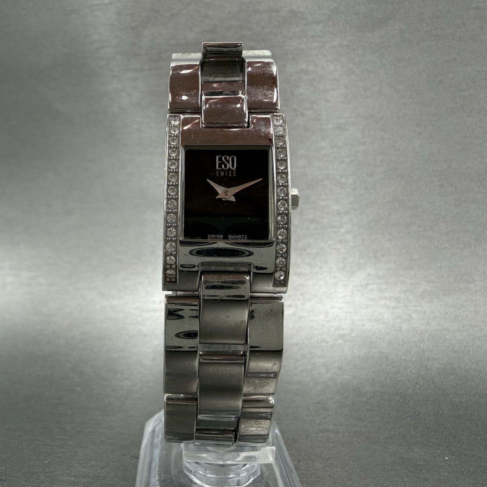 ESQ Tank Watch Women 18mm Black Dial Silver Tone Rectangle Crystals New Battery5