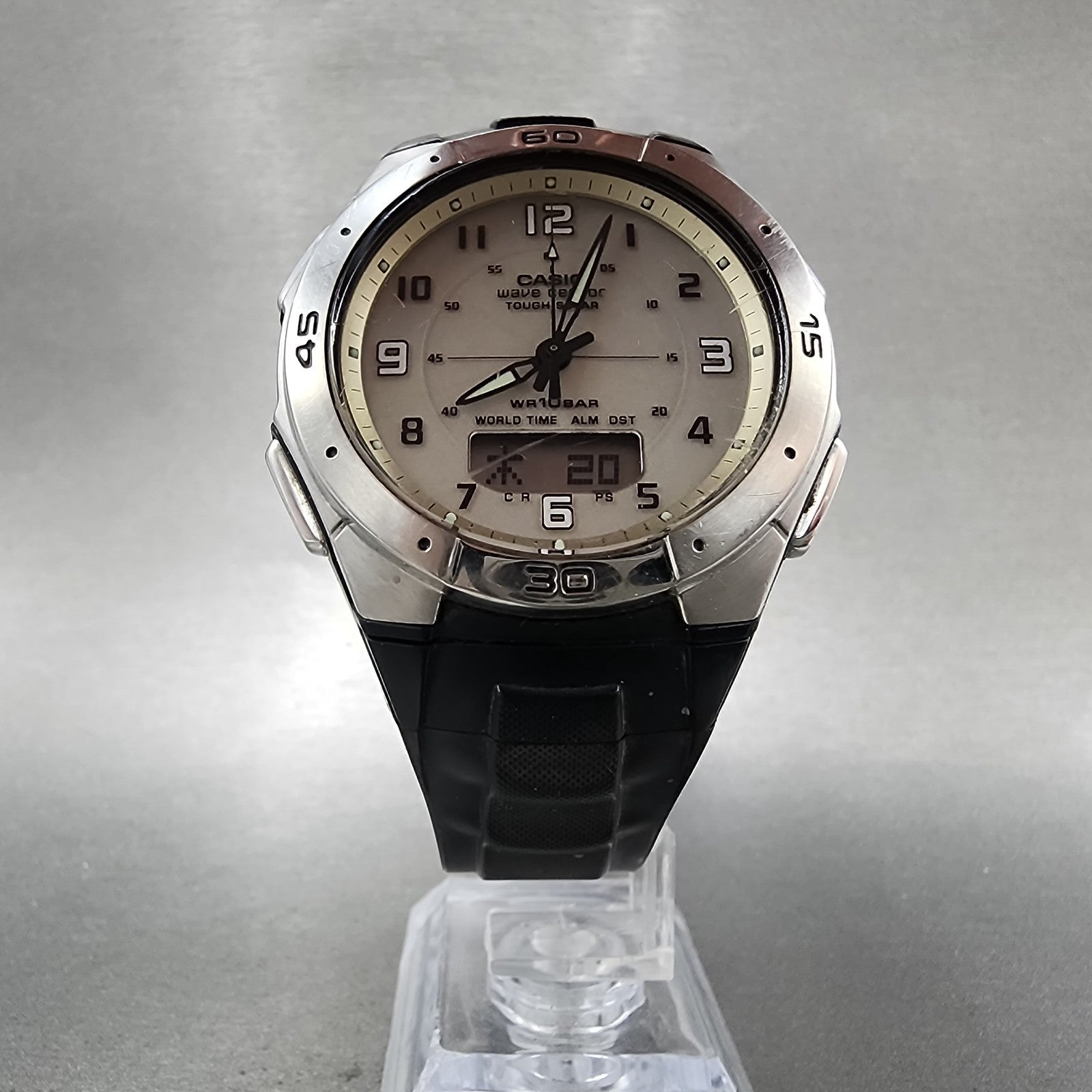 Casio Wave Ceptor Watch Men 42mm Silver Dial Silver Tone Analog Digital Solar B15