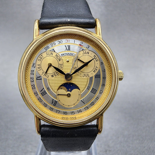 Movado Triple Calendar Moonphase Watch Women 28mm Gold Dial Gold  Runs 87-03-822