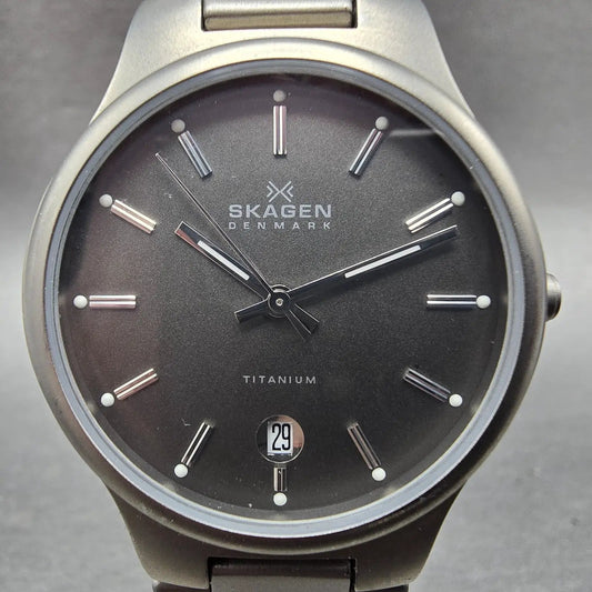 Skagen Watch Men 34mm Gray Dial Titanium Date Round 105LTX New Battery 540