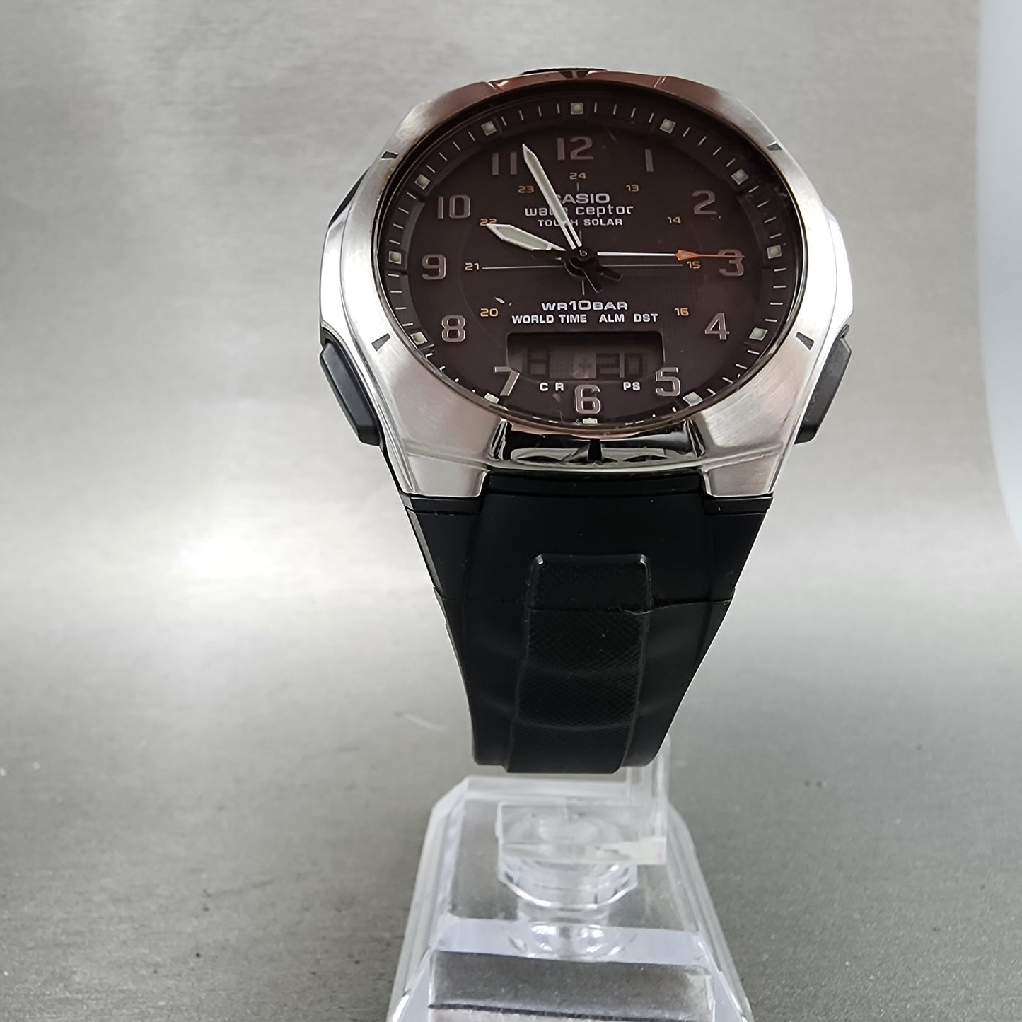 Casio Wave Ceptor Watch Men 42mm Black Dial Silver Tone Analog Digital Solar AB15