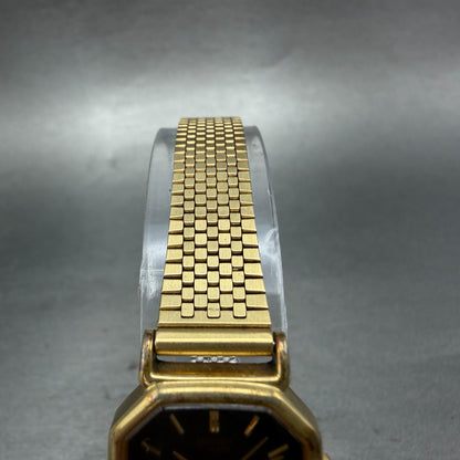 Seiko Watch Women 20mm Black Dial Gold Tone Octagon 2C21-5170 New Battery VTG FC4