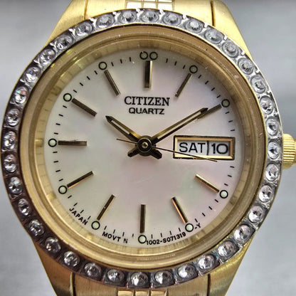 Citizen Watch Women 26mm MOP Dial Gold Tone Daydate Gemmed 1002-S044456 New Batt1