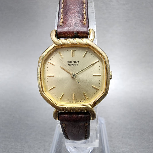 Seiko Watch Women 22mm Champagne Dial Gold Tone Octagon 34215140 New Battery0