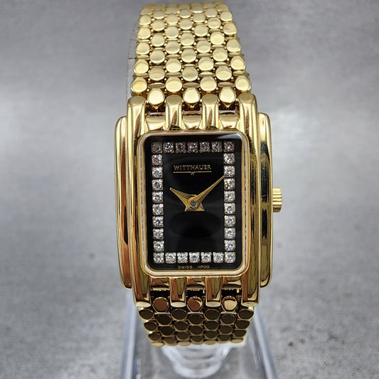 Wittnauer Tank Watch Women 18mm Black Dial Gold Tone Rectangle new Battery0