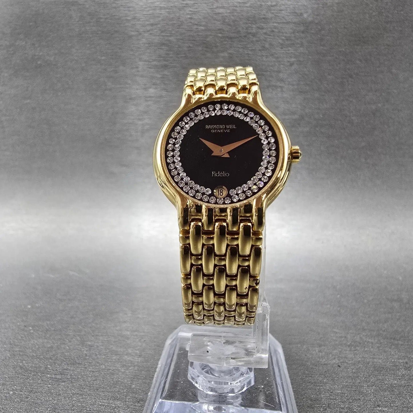 Raymond Weil Fideli Watch Women 24mm Black Dial Gold Plated Date 4702 New Batt5