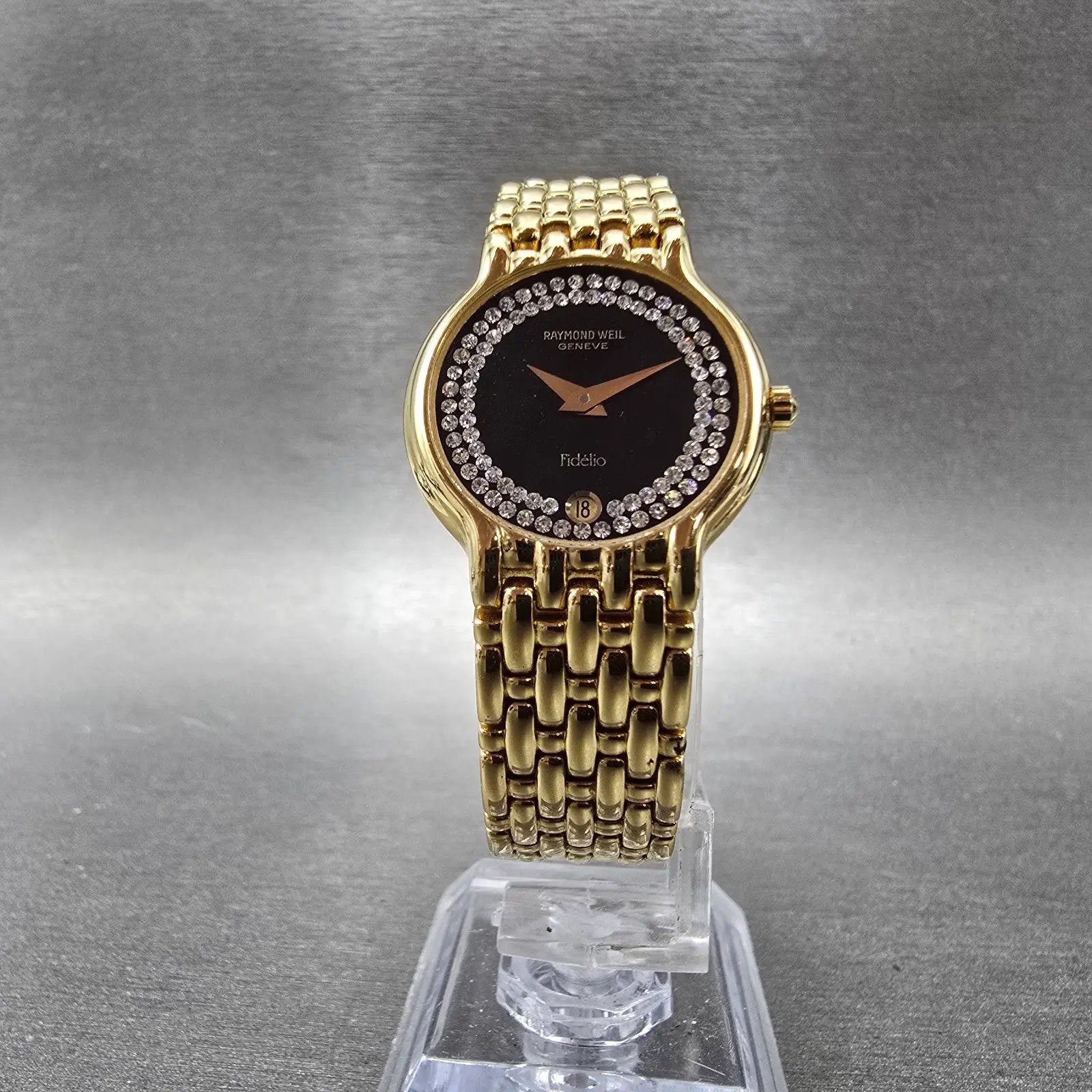 Raymond Weil Fideli Watch Women 24mm Black Dial Gold Plated Date 4702 New Batt5
