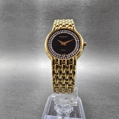 Raymond Weil Fideli Watch Women 24mm Black Dial Gold Plated Date 4702 New Batt5
