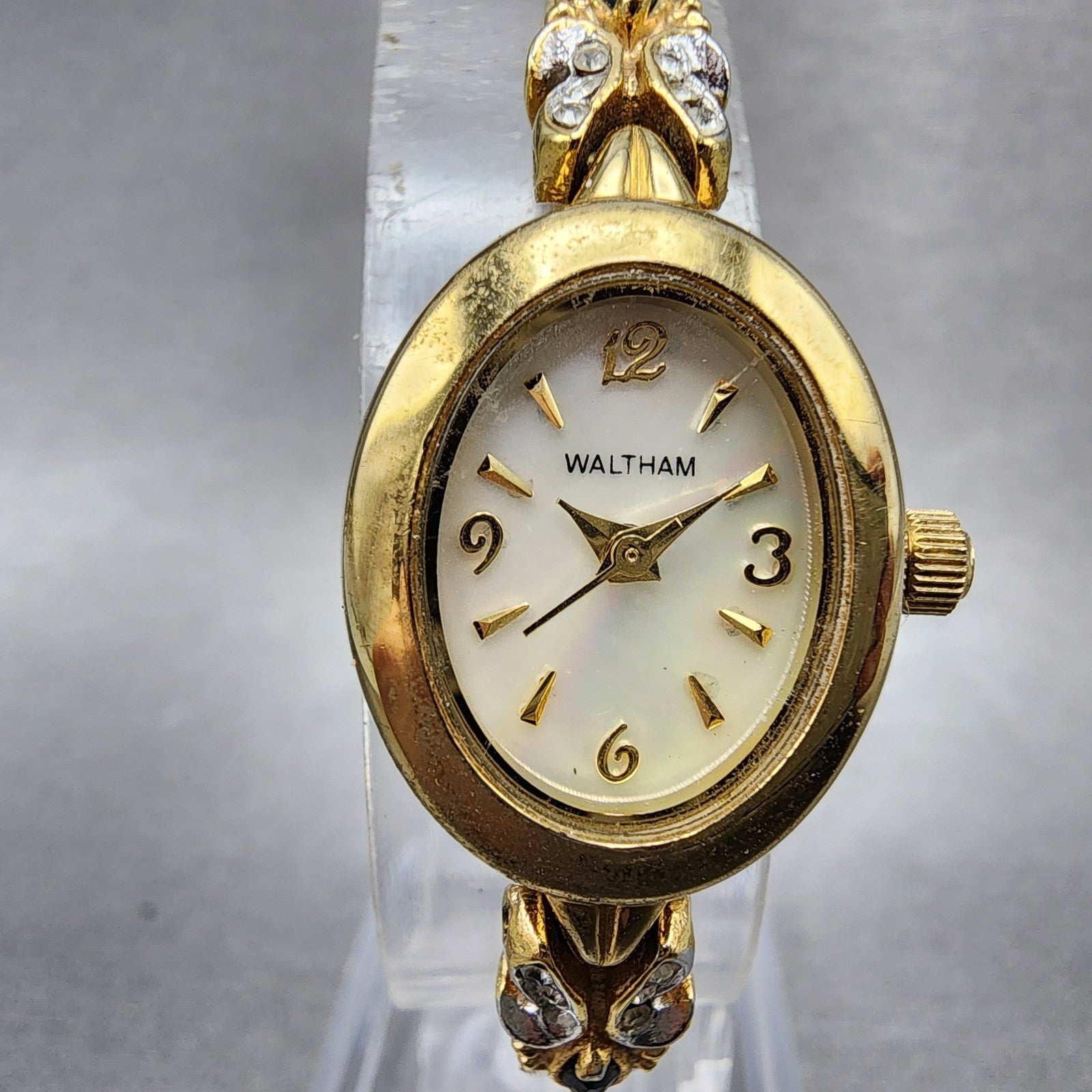Waltham Watch Women MOP Dial Gold Tone Oval Crystal Accents New Battery0