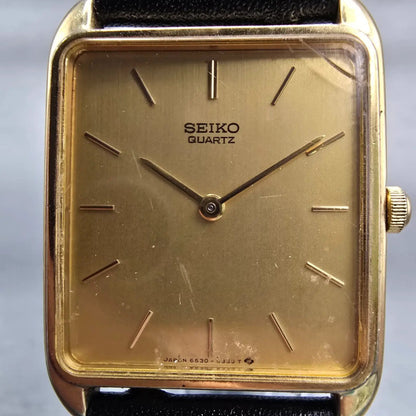 Seiko Watch Men 26mm Gold Dial Gold Tone Rectangle 6530-5209 New Battery Vintage1