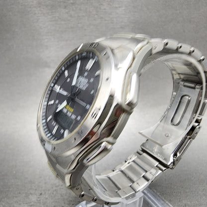 Casio Wave Ceptor Solar Watch Men 42mm Black Dial Analog Digital Steel Runs2
