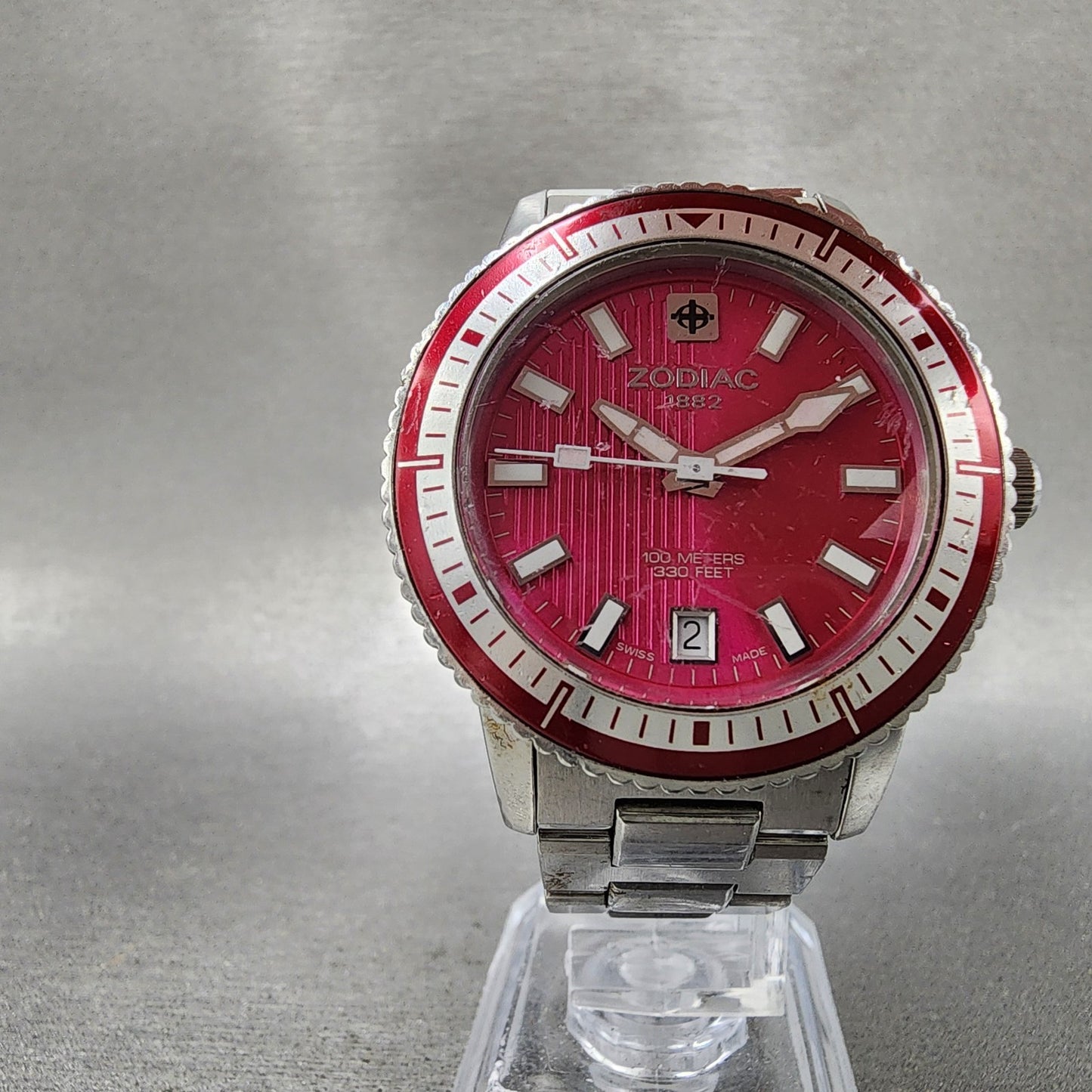 Zodiac Sea Wolf Watch Women 37mm Pink Dial Silver Tone Date Round New Battery5