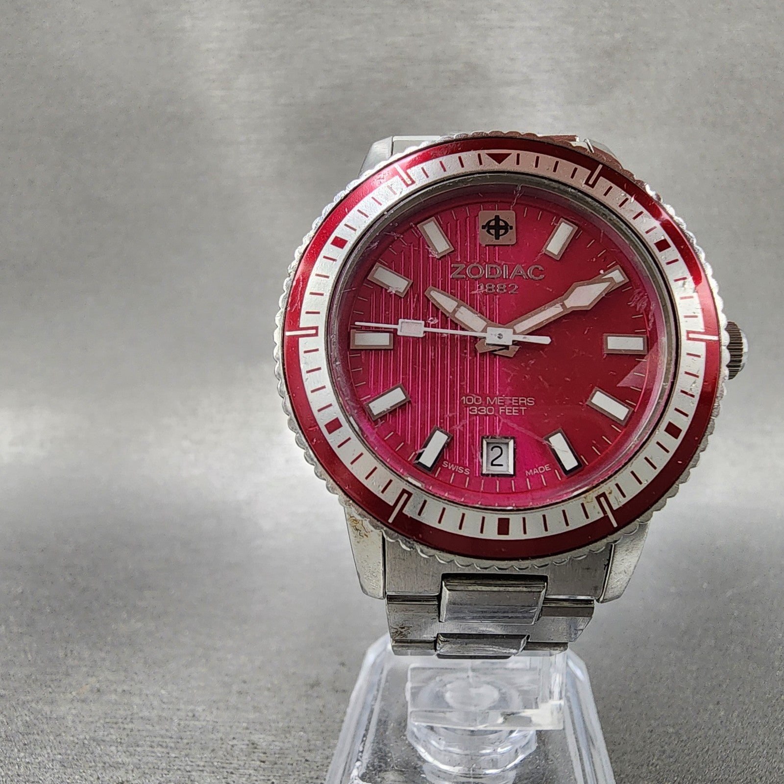 Zodiac Sea Wolf Watch Women 37mm Pink Dial Silver Tone Date Round New Battery5
