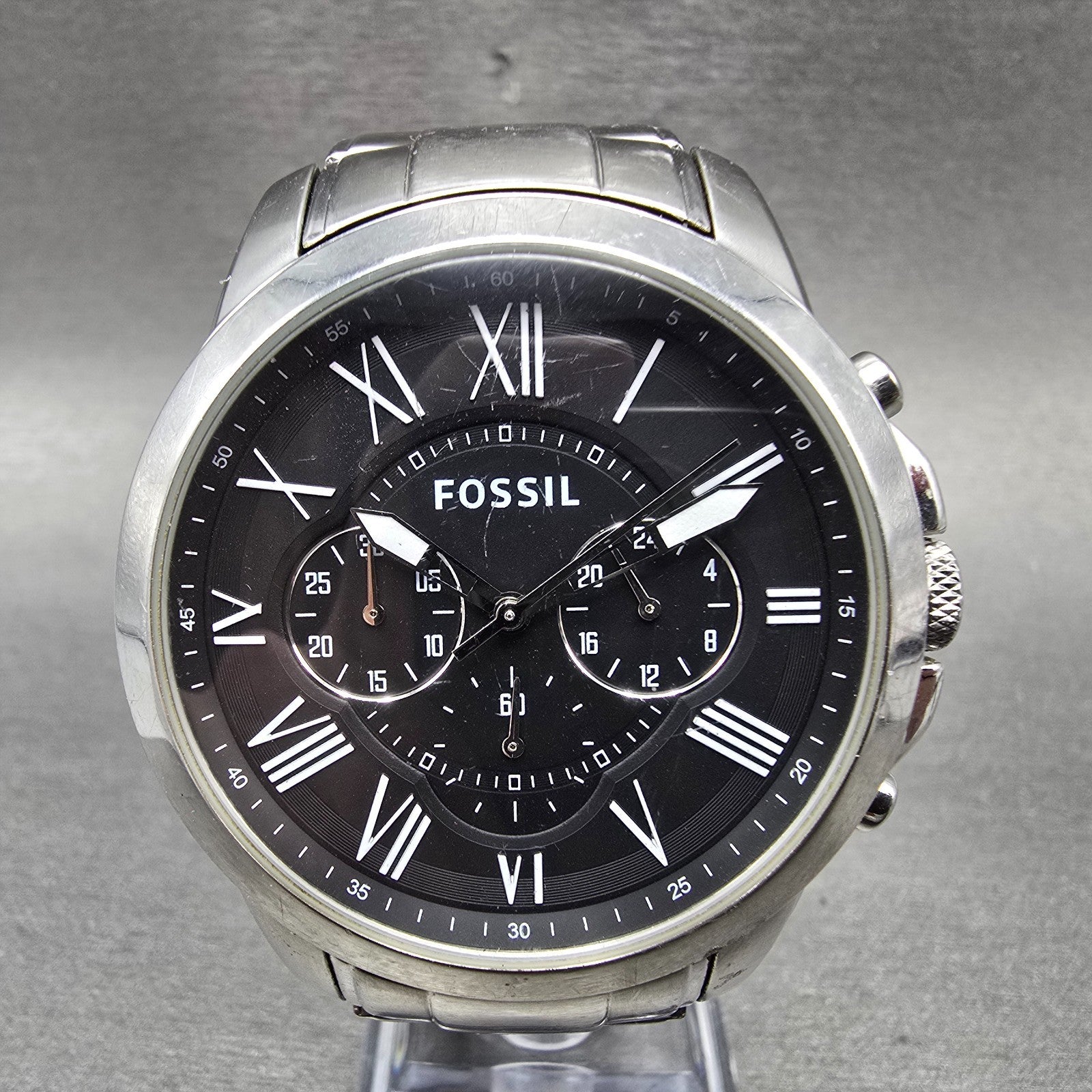 Fossil Grant Chronograph Watch Men 44mm Black Dial Silver Tone FS4736 NewBattery0