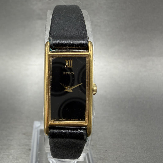 Seiko Tank Watch Women 13mm Black Dial Gold Tone Rectangle 2e206129 New Battery0