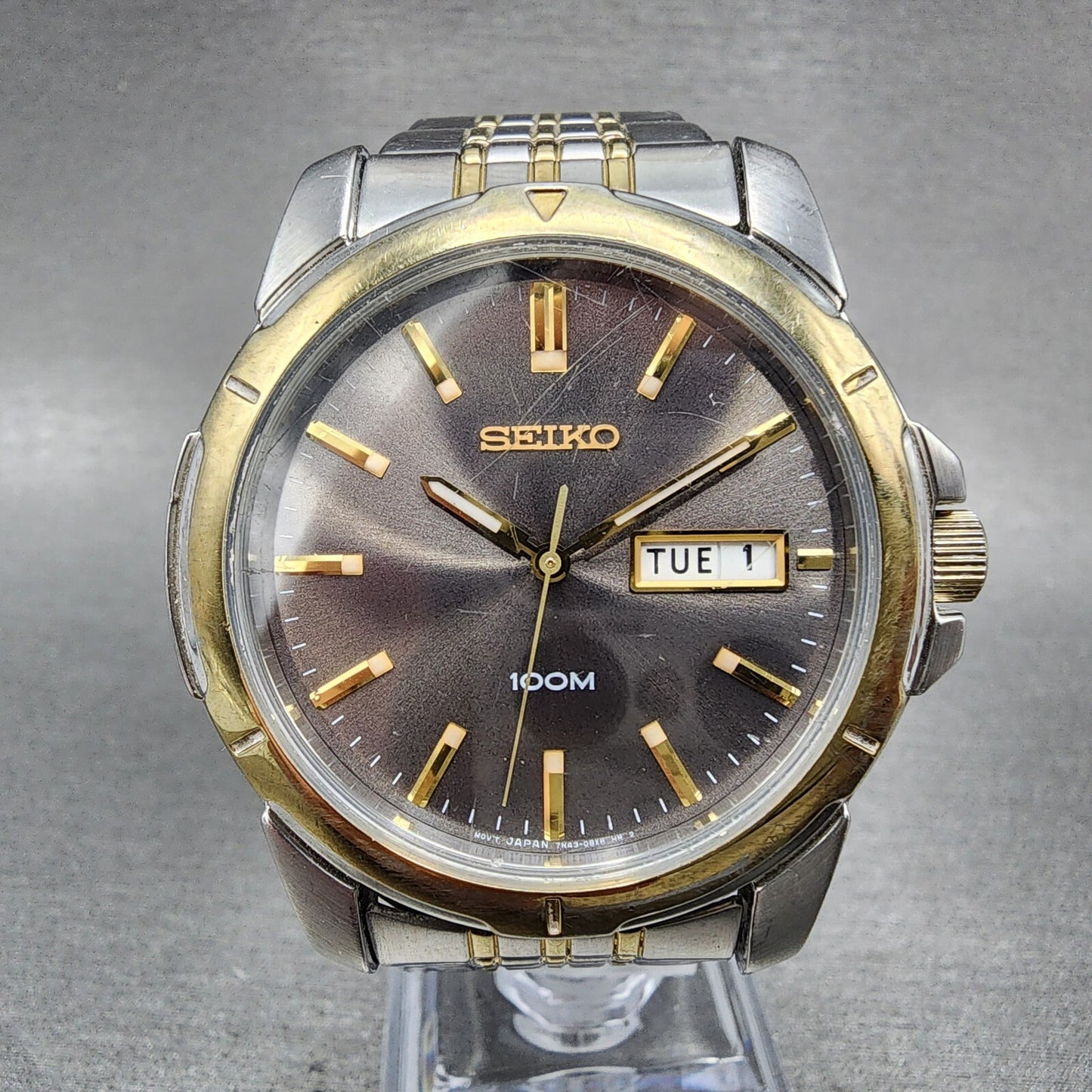Seiko Watch Men 39mm Black Dial Two Tone Round Daydate 7n430az0 New Batttery0
