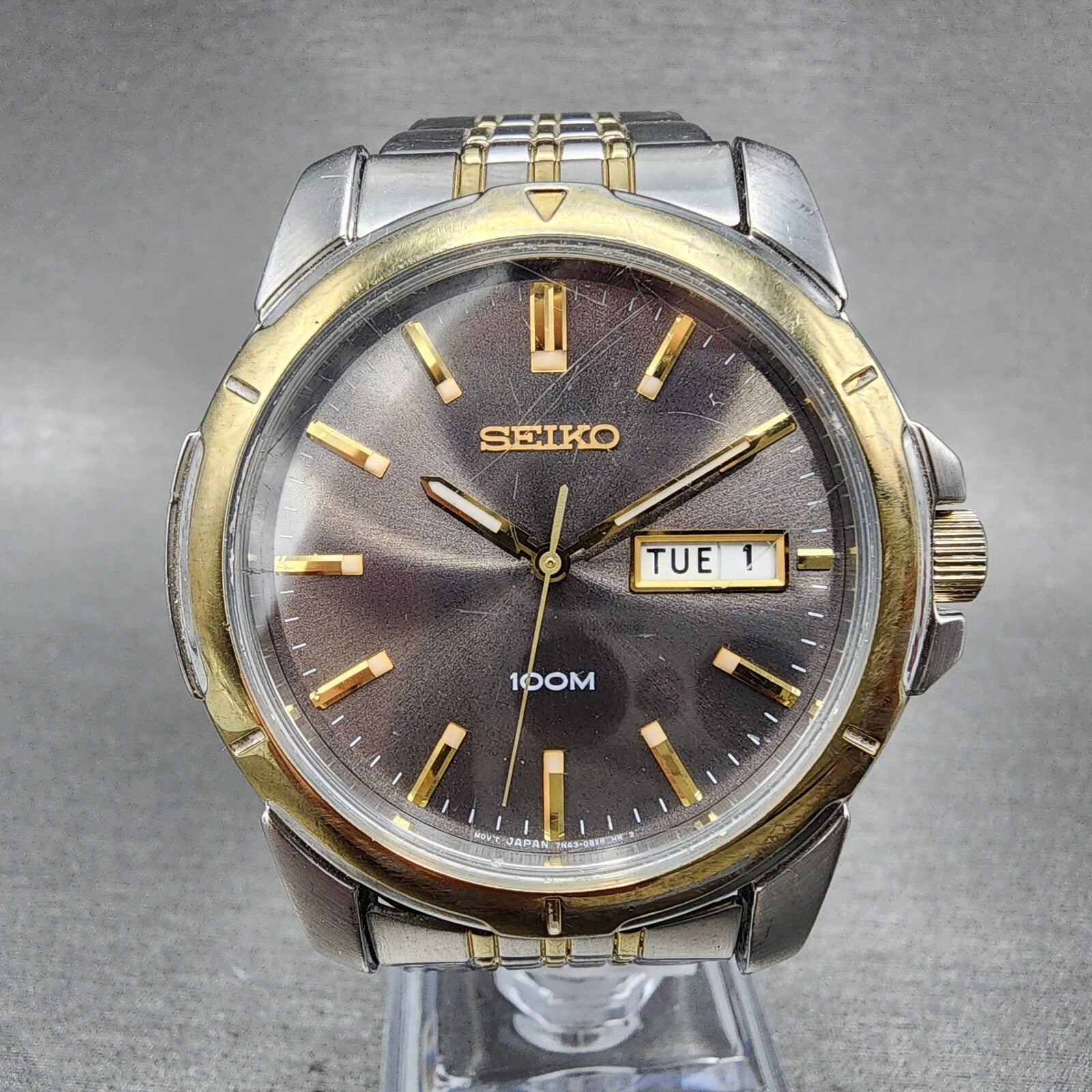 Seiko Watch Men 39mm Black Dial Two Tone Round Daydate 7n430az0 New Batttery0