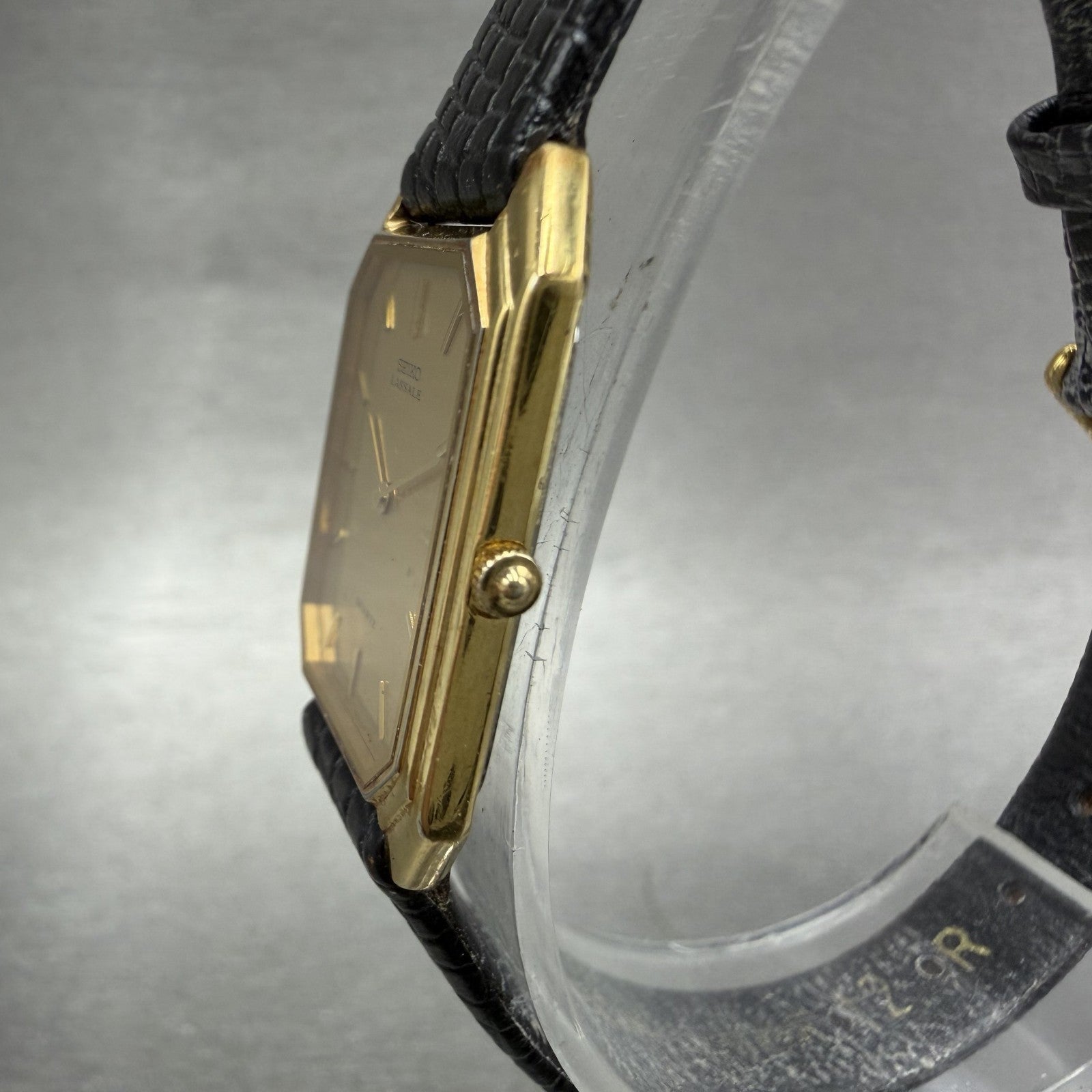 Seiko Lassale Tank Watch Women 20mm Champagne Dial Gold Tone 6730-5299 New Batt2