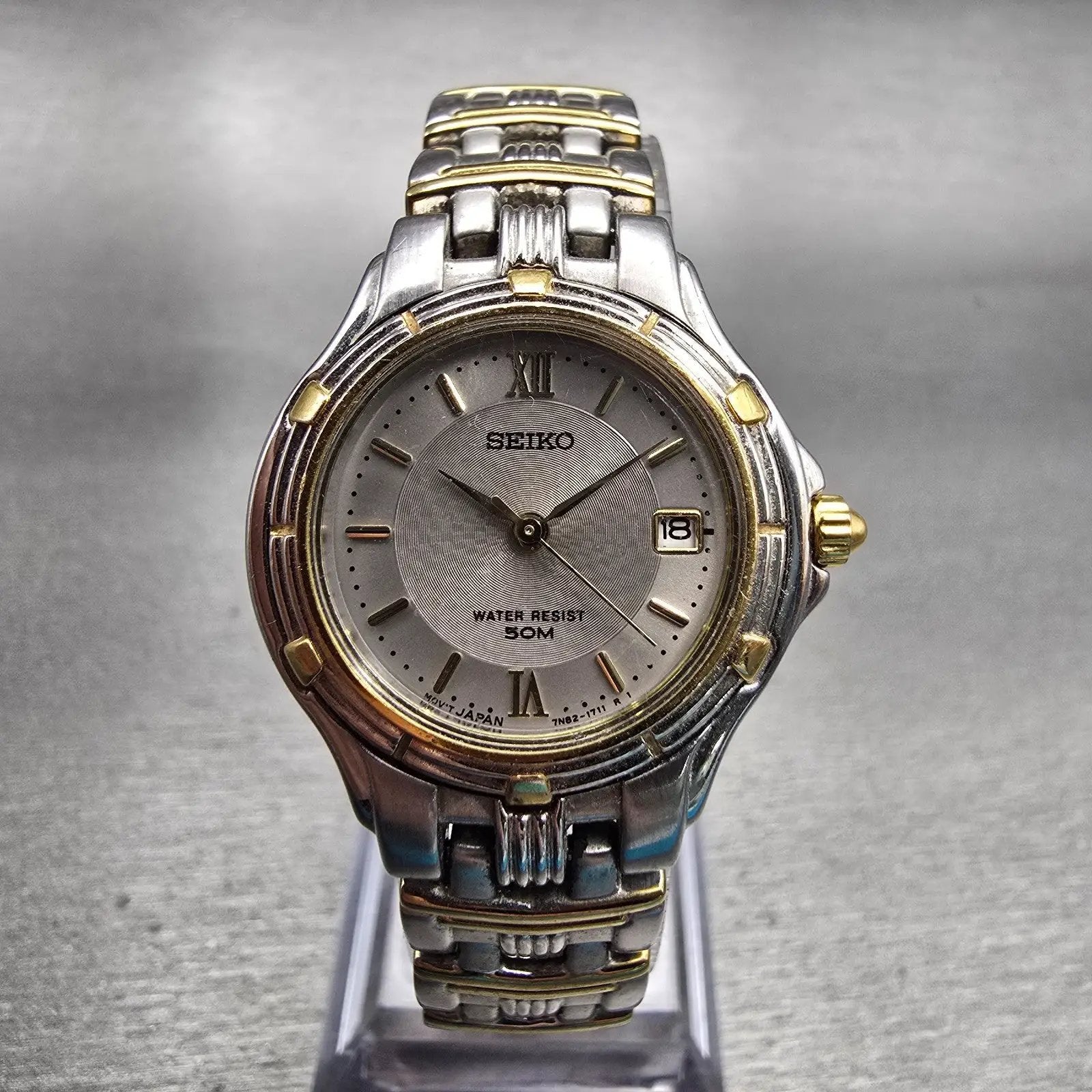 Seiko Watch Women 26mm Silver Dial Two Tone Date Round 7n82-0789 New Battery VTG0