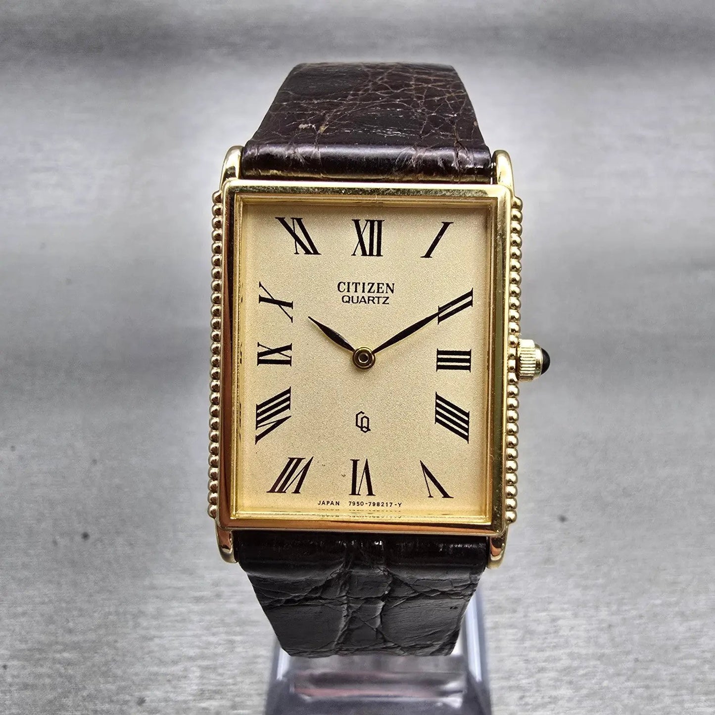 Citizen CQ Tank Watch Men 25mm Ivory Dial Gold Tone Rectangle 4-797400 New Batt0