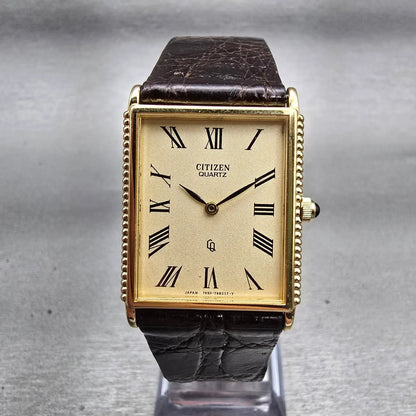 Citizen CQ Tank Watch Men 25mm Ivory Dial Gold Tone Rectangle 4-797400 New Batt0