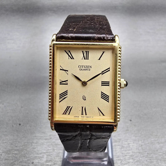 Citizen CQ Tank Watch Men 25mm Ivory Dial Gold Tone Rectangle 4-797400 New Batt0