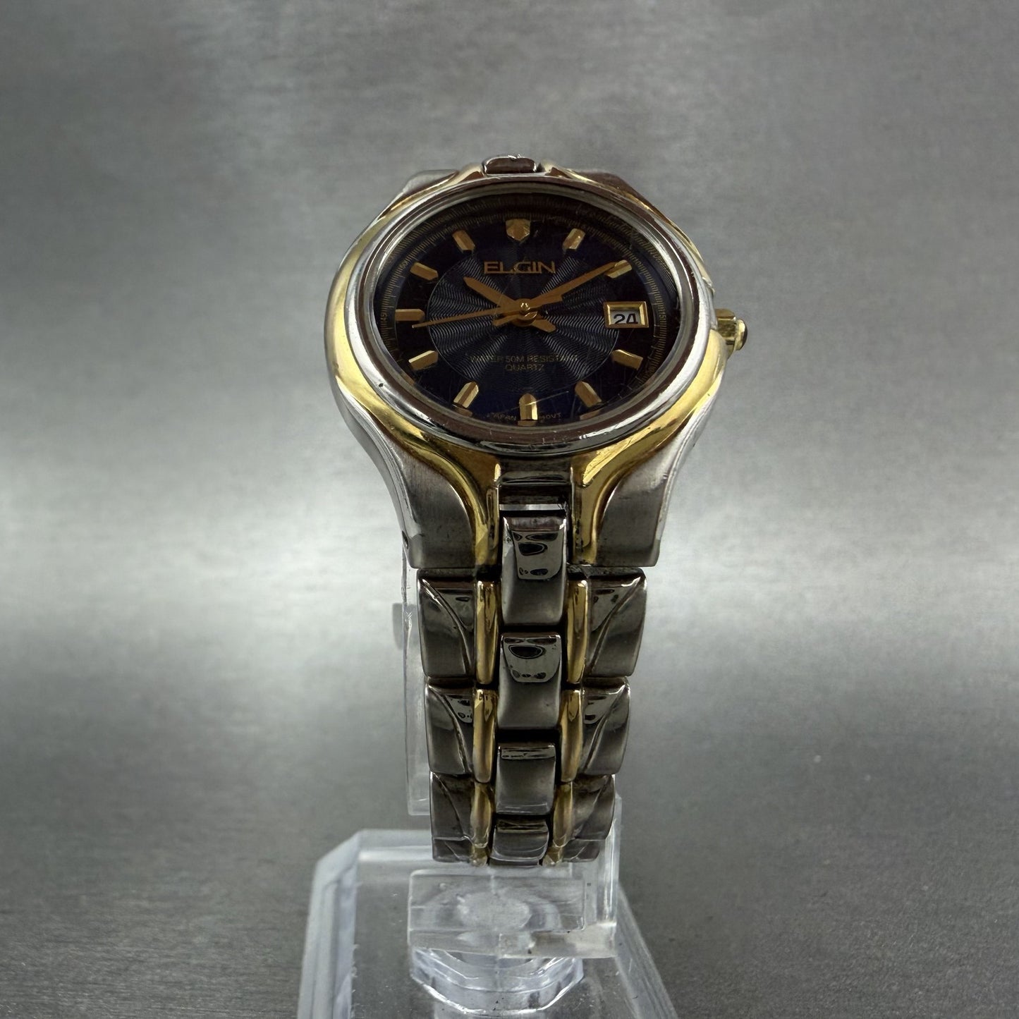 Elgin Watch Women 27mm Blue Dial Two Tone Date Round Bracelet New Battery5
