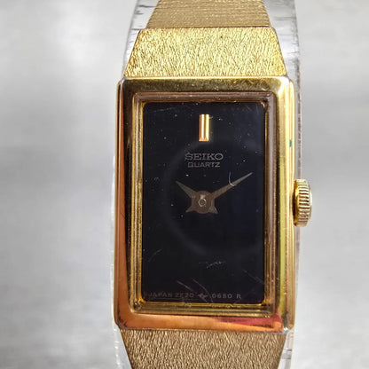 Seiko Watch Women 12mm Black Dial Gold Tone Rectangle 2E20-5490 New Battery VTG1