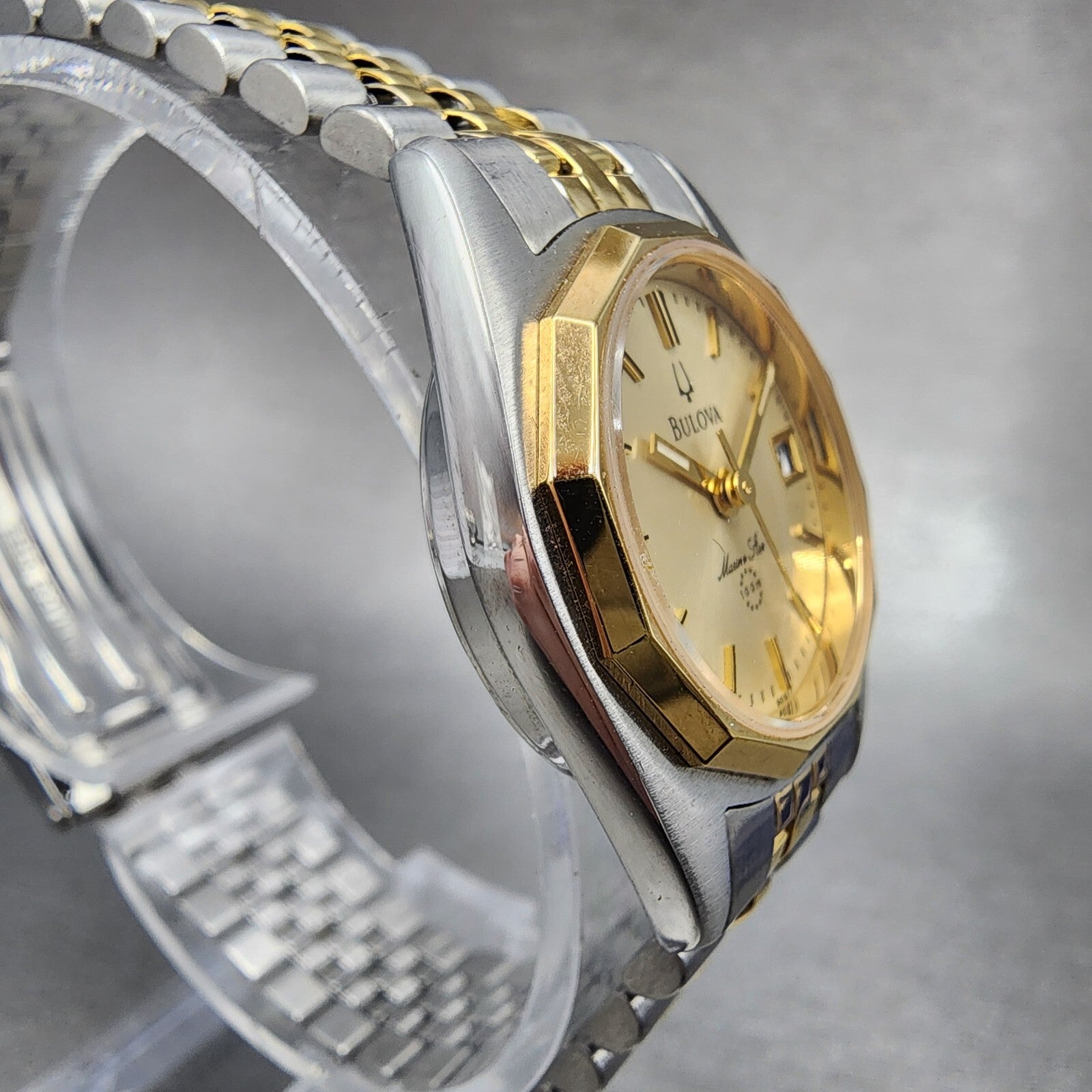 Bulova Marine Star Watch Women 24mm Gold Dial Two Tone Date Round New Battery3