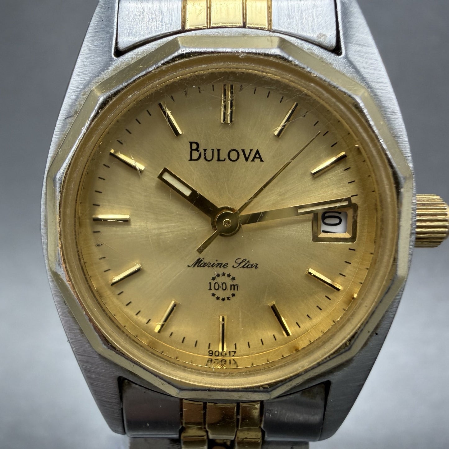 Bulova Marine Star Watch Women 24mm Gold Dial Two Tone Date Round New Battery AB1