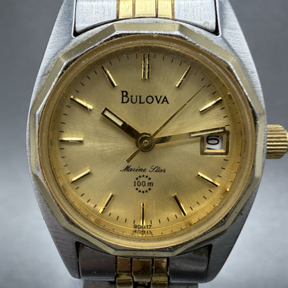 Bulova Marine Star Watch Women 24mm Gold Dial Two Tone Date Round New Battery AB1
