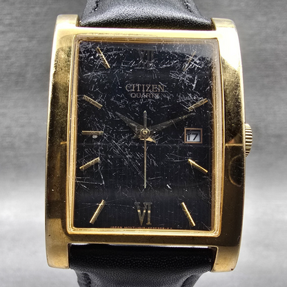 Citizen Tank Watch Men 27mm Black Dial Gold Date Rectangle 1020-S030832 New Batt1