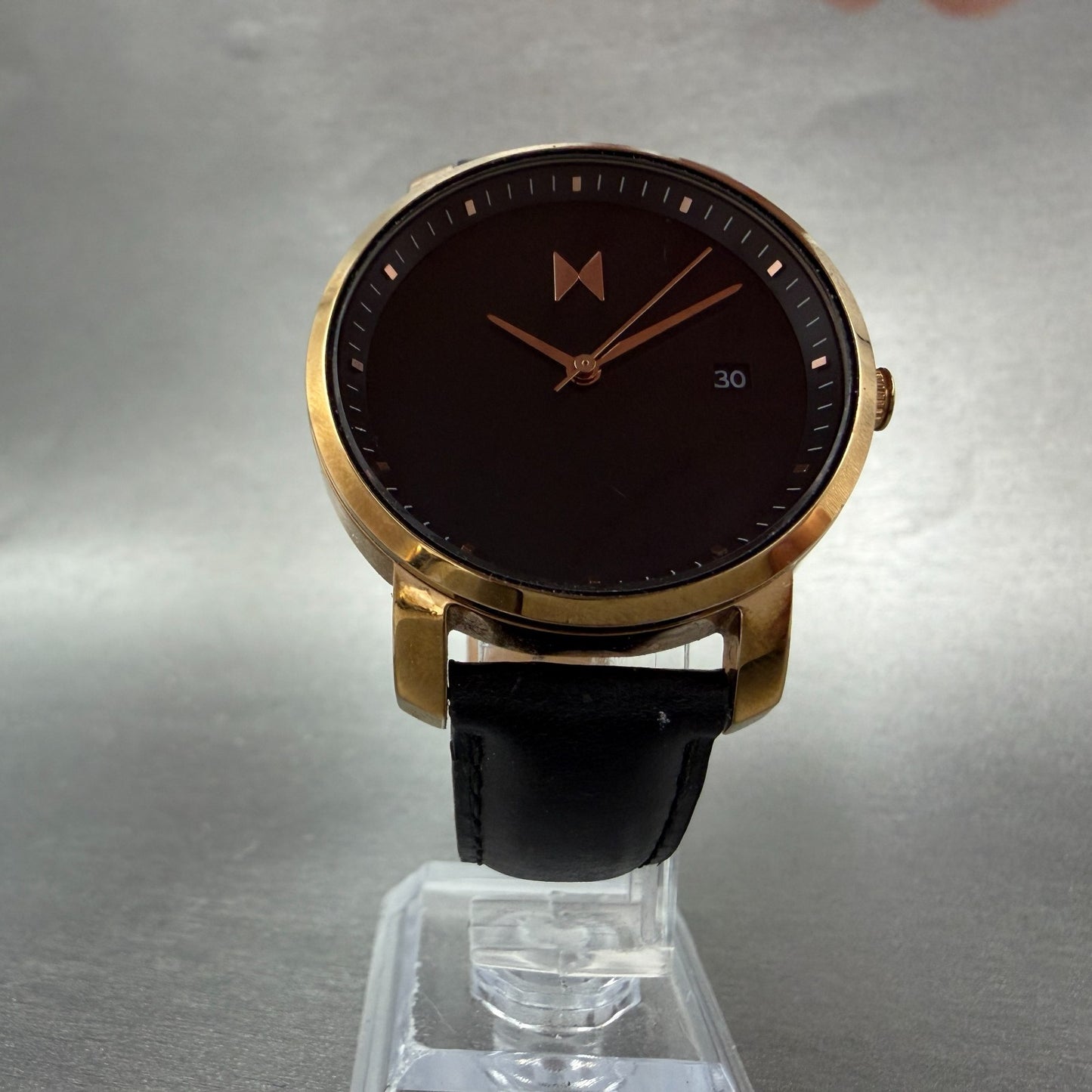MVMT Boulevard Watch Women 38mm Black Dial Rose Gold Tone Date Leather New BattL5