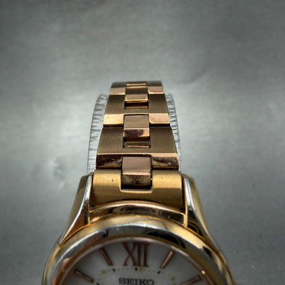 Seiko Lukia Solar Watch Women 27mm White Dial  Rose Gold Date 1B22-0AS0 Runs4