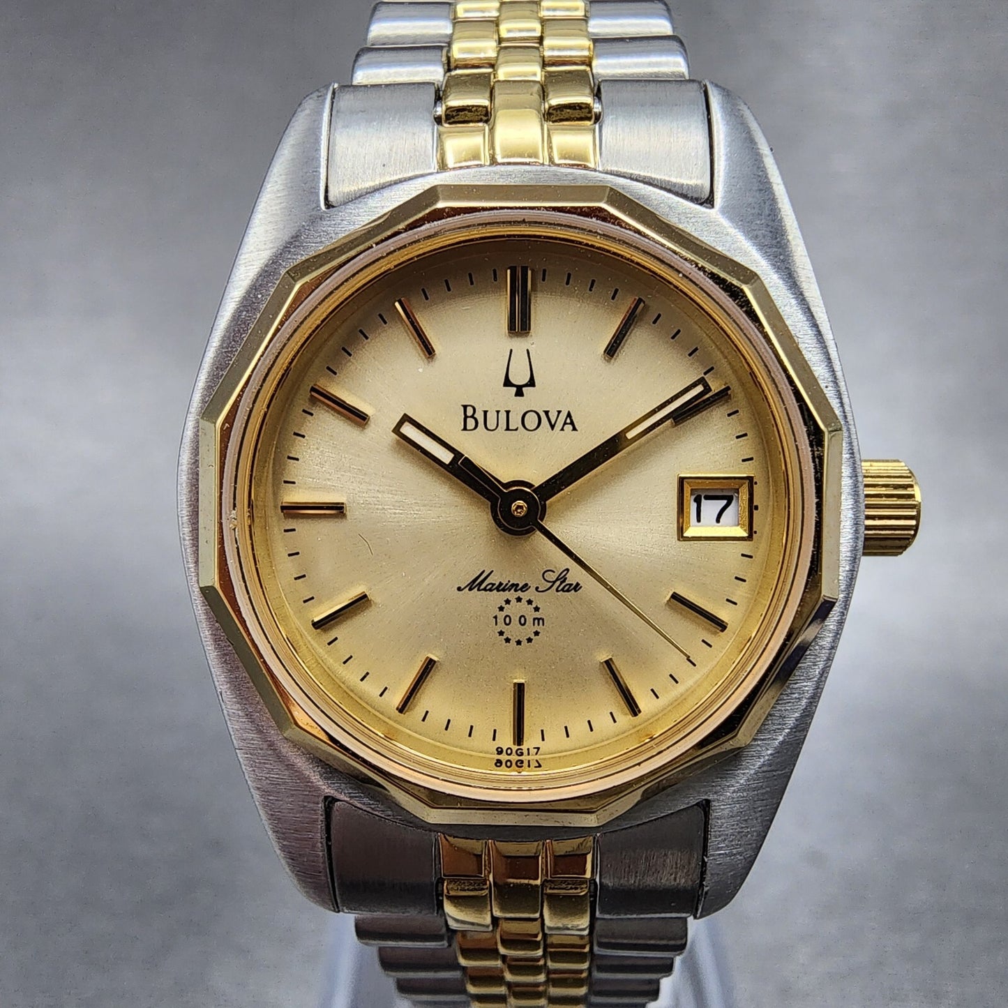 Bulova Marine Star Watch Women 24mm Gold Dial Two Tone Date Round New Battery1