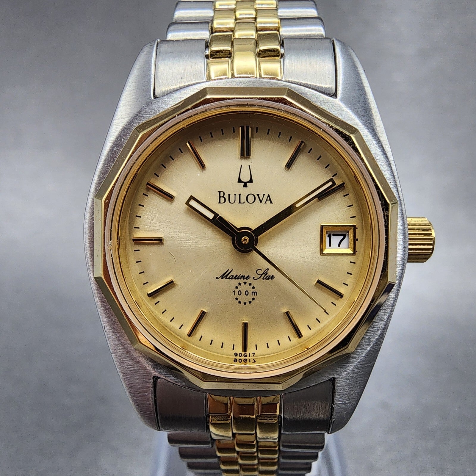 Bulova Marine Star Watch Women 24mm Gold Dial Two Tone Date Round New Battery1