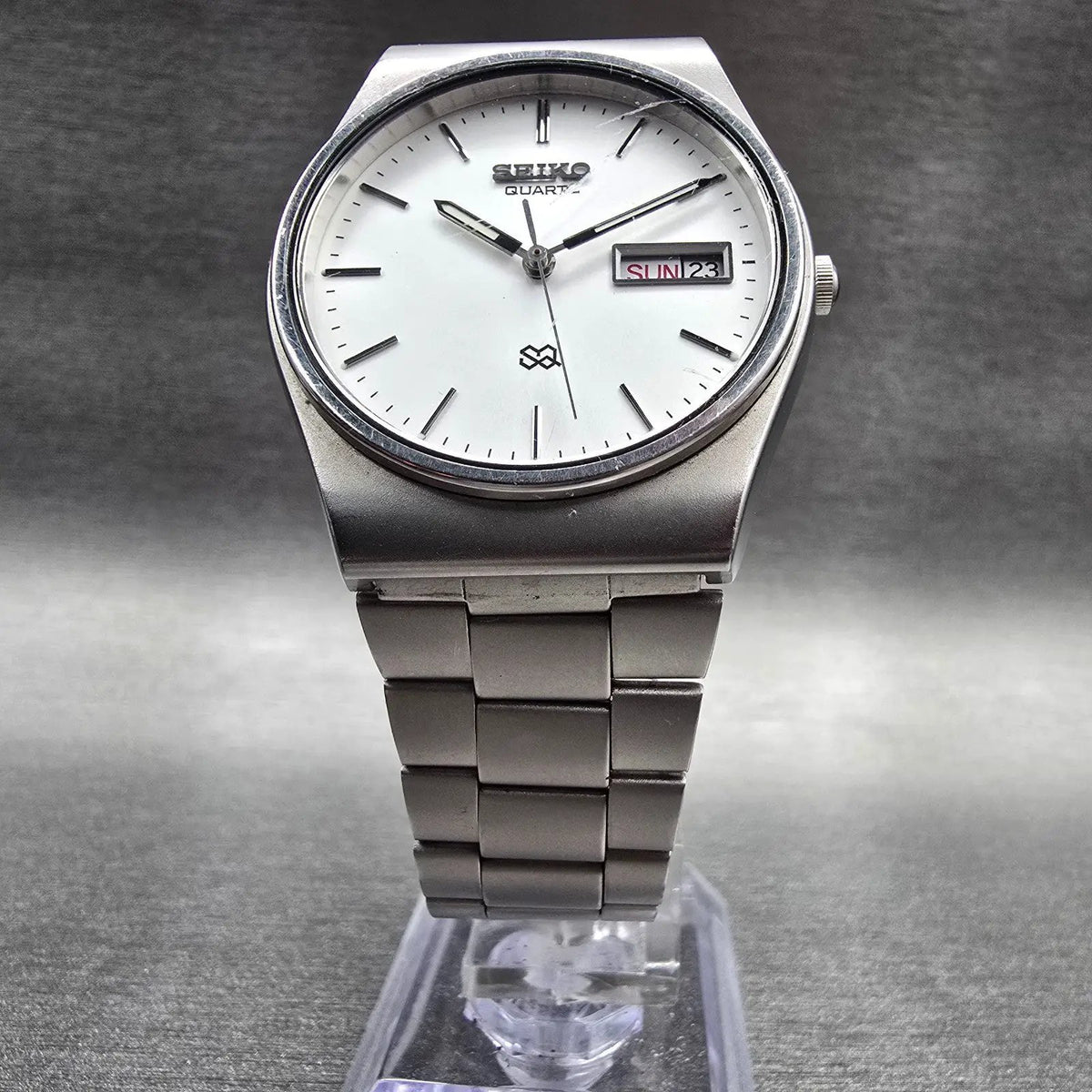 Seiko SQ Watch Men 33mm Silver Dial Silver Tone Daydate Round 5Y23-7110 New Batt5