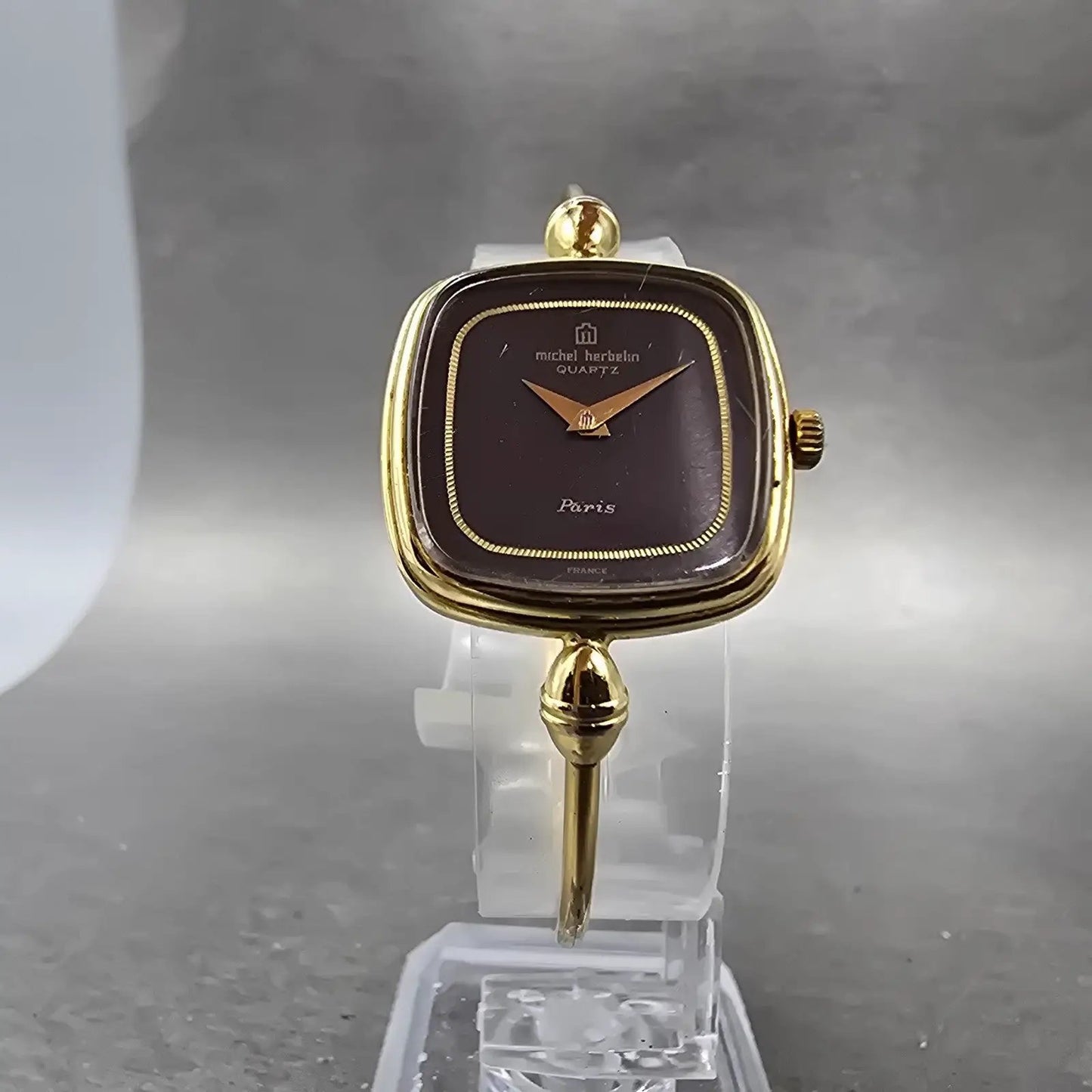 Michel Herbeln Watch Women 24mm Black Dial Gold Tone Square 9804 Vintage PARTS6
