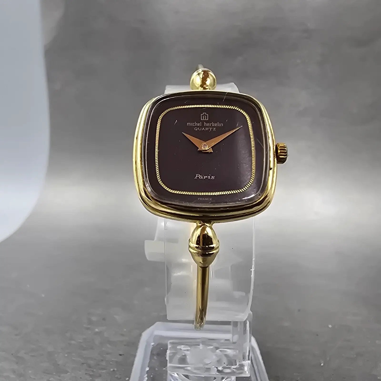 Michel Herbeln Watch Women 24mm Black Dial Gold Tone Square 9804 Vintage PARTS6