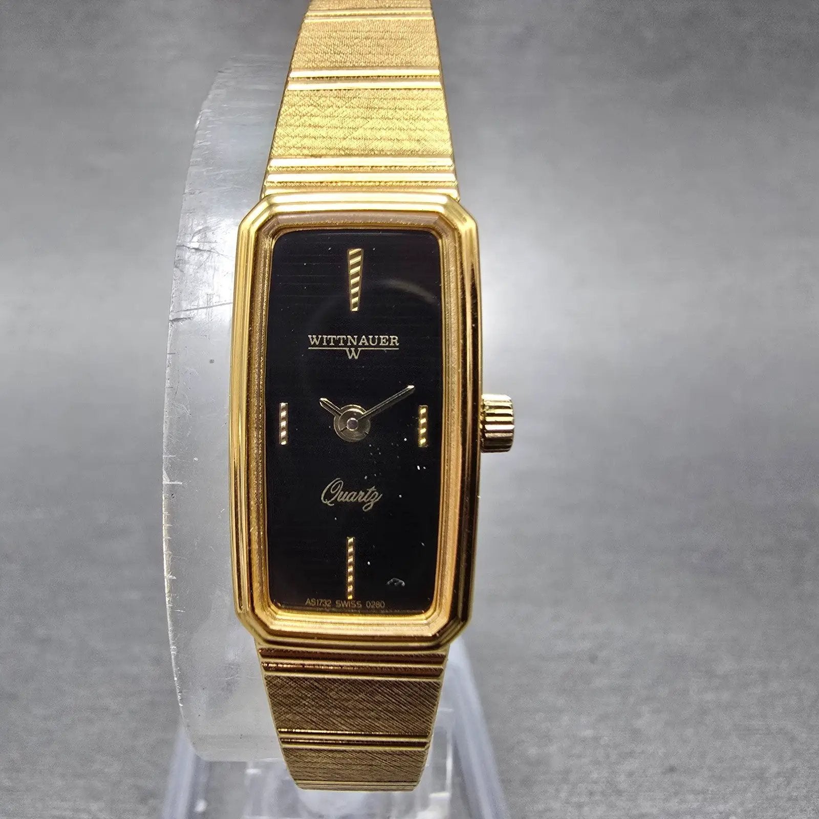 Wittnauer Watch Women 12mm Black Dial Gold Tone Rectangle AS1732 0280 New Batt1