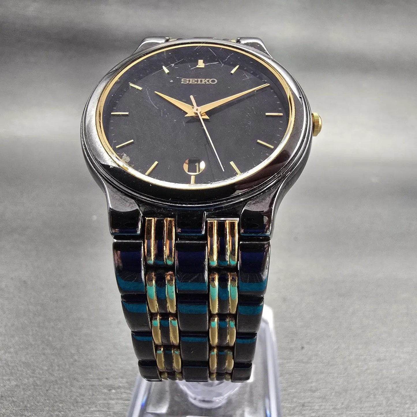 Seiko Watch Men 34mm Black Dial Two Tone Date Round 7N32-0059 New Battery VTG5